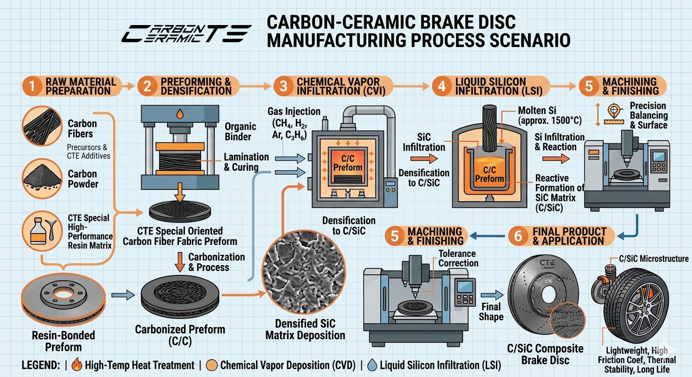 CTE Carbon Ceramic C/SiC brake disc — T700 continuous fiber, manufactured via Liquid Silicon Infiltration at 1500°C, hardness >2800 HV