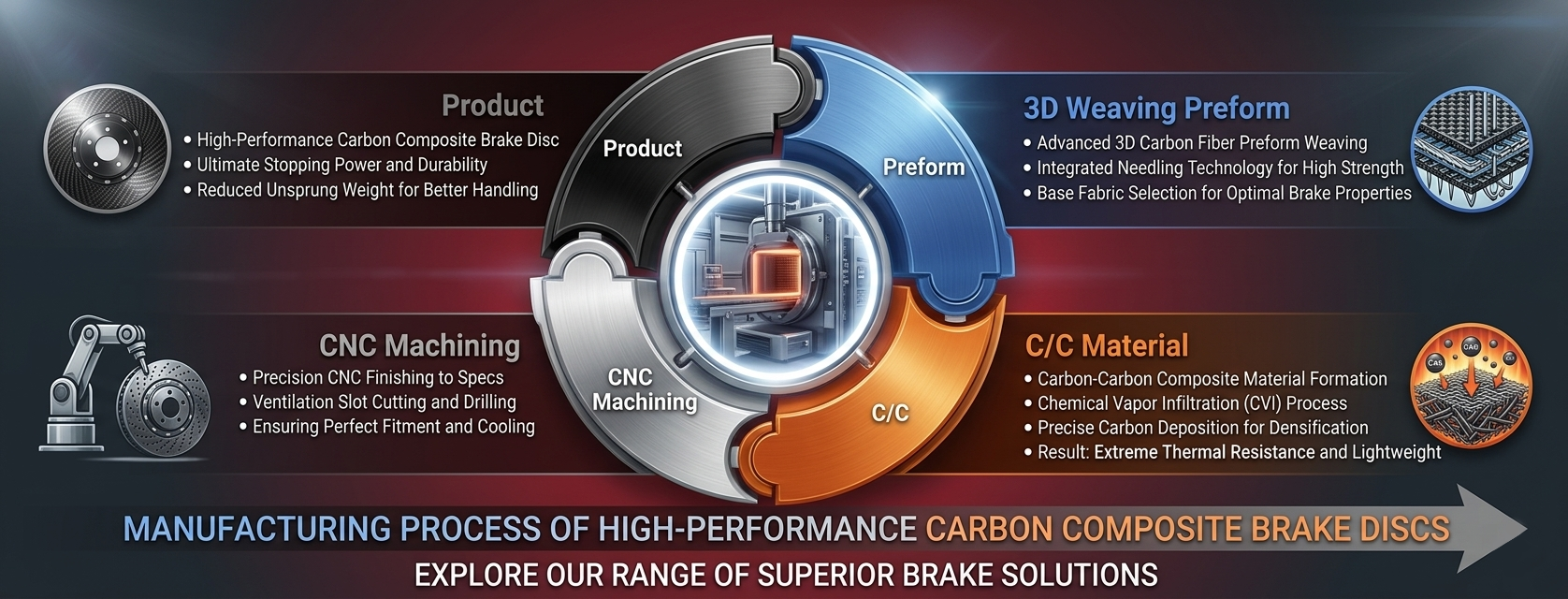 Overview diagram of CTE Carbon/Carbon friction disc manufacturing process: 3D preforming, CVI densification, and graphitization at 3000°C